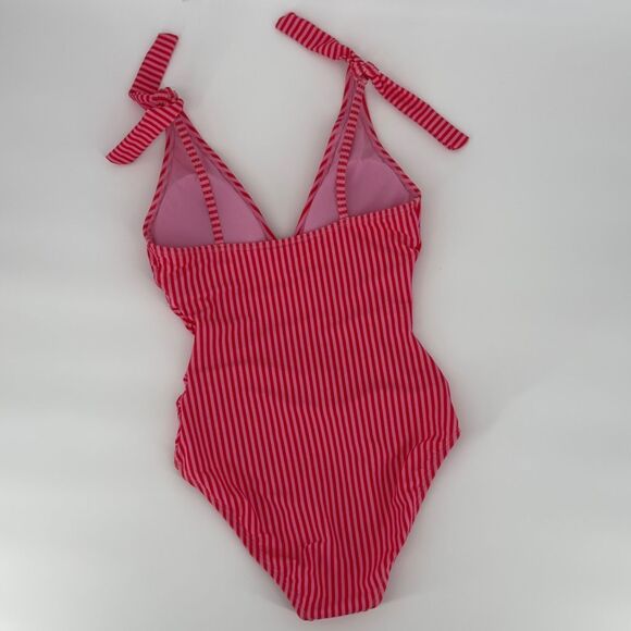 Ellen Tracy Pink Red Striped Swimsuit Size 10 One Piece Ruched Lined Padded - Picture 4 of 9
